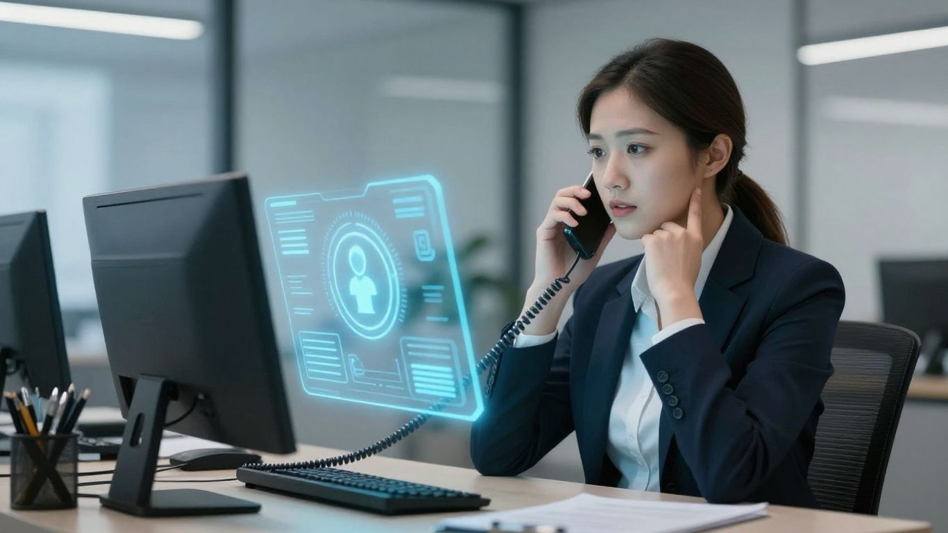 Lawyer using phone with advanced call management interface.
