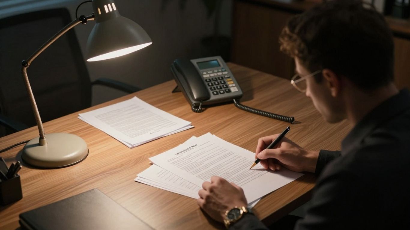Lawyer working late with phone and documents.