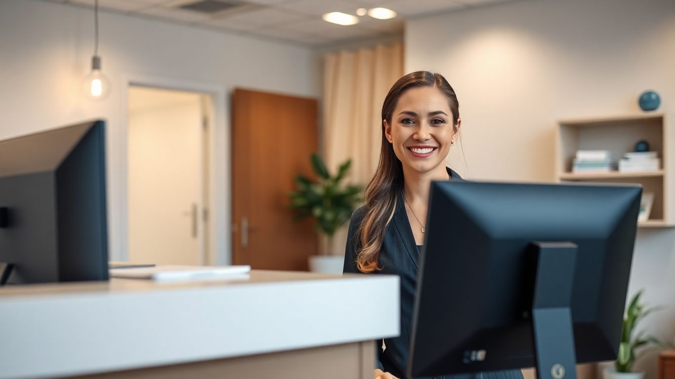 Medical receptionist assisting patient at computer