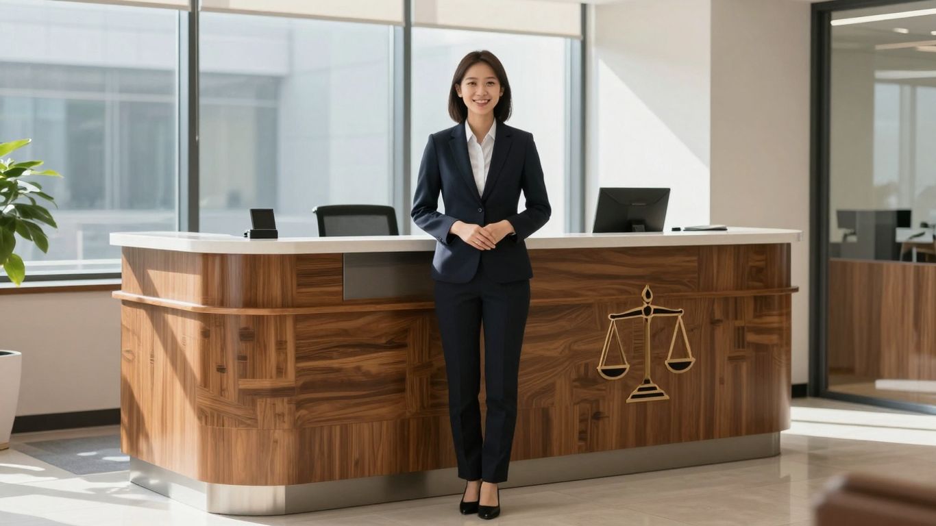 Law office receptionist assisting a client.