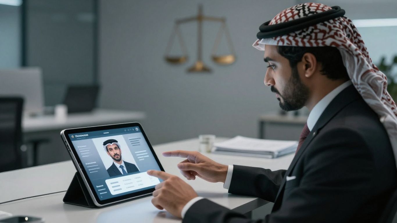 Lawyer using a virtual receptionist on a tablet.