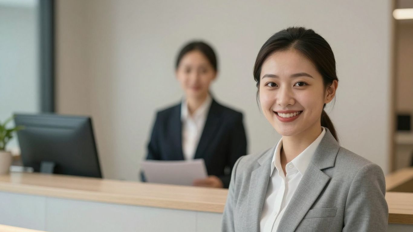 Lawyer's virtual receptionist smiling professionally.