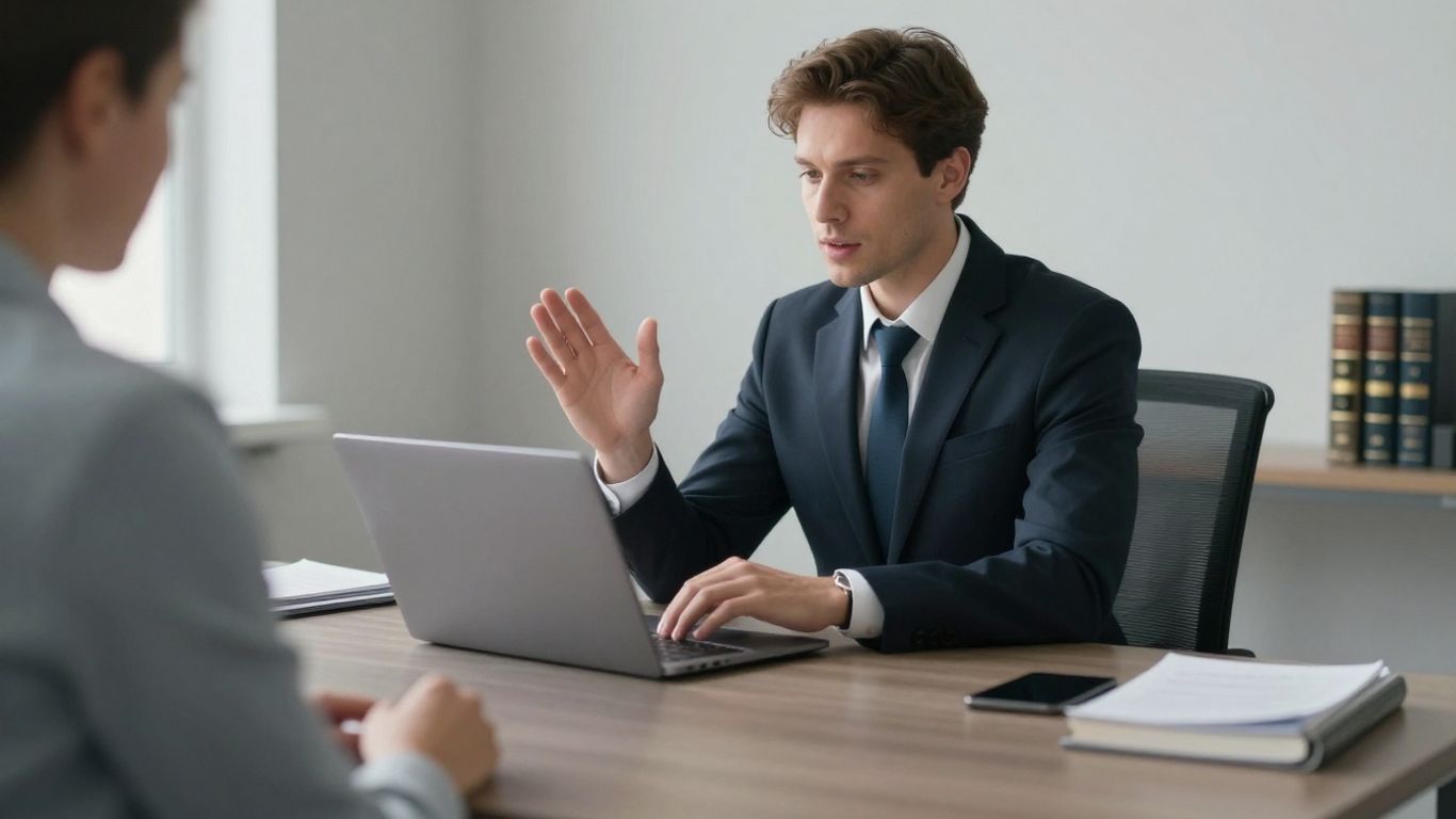 Lawyer on a virtual call, focused on client.