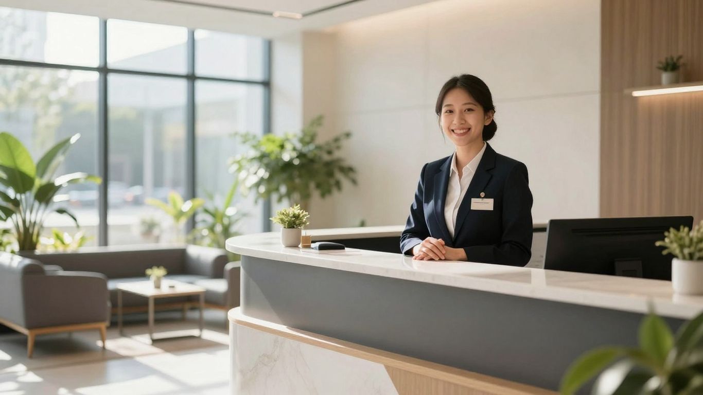 Apartment building lobby with a welcoming virtual receptionist.
