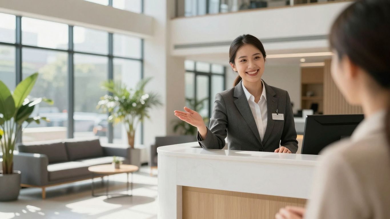 Apartment building lobby with a welcoming virtual receptionist.
