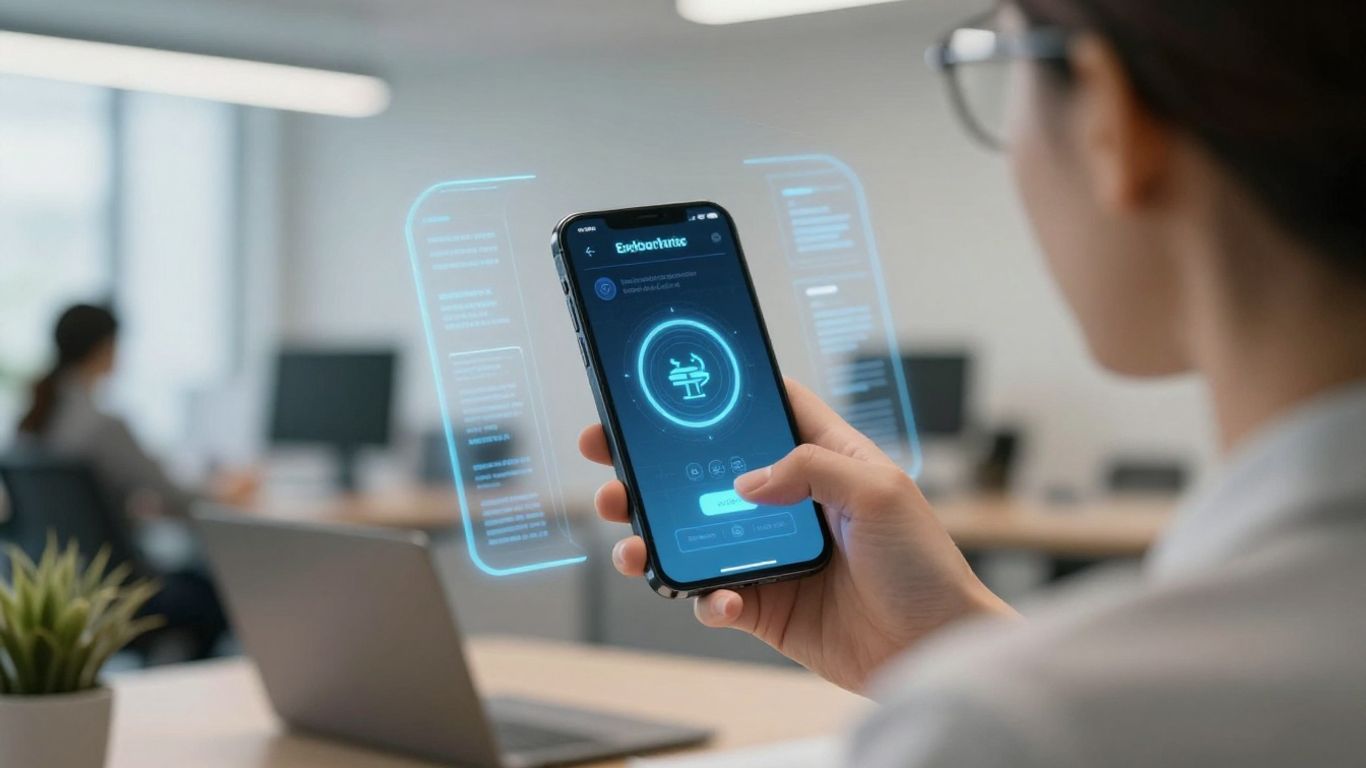 Real estate agent using AI phone service on smartphone.