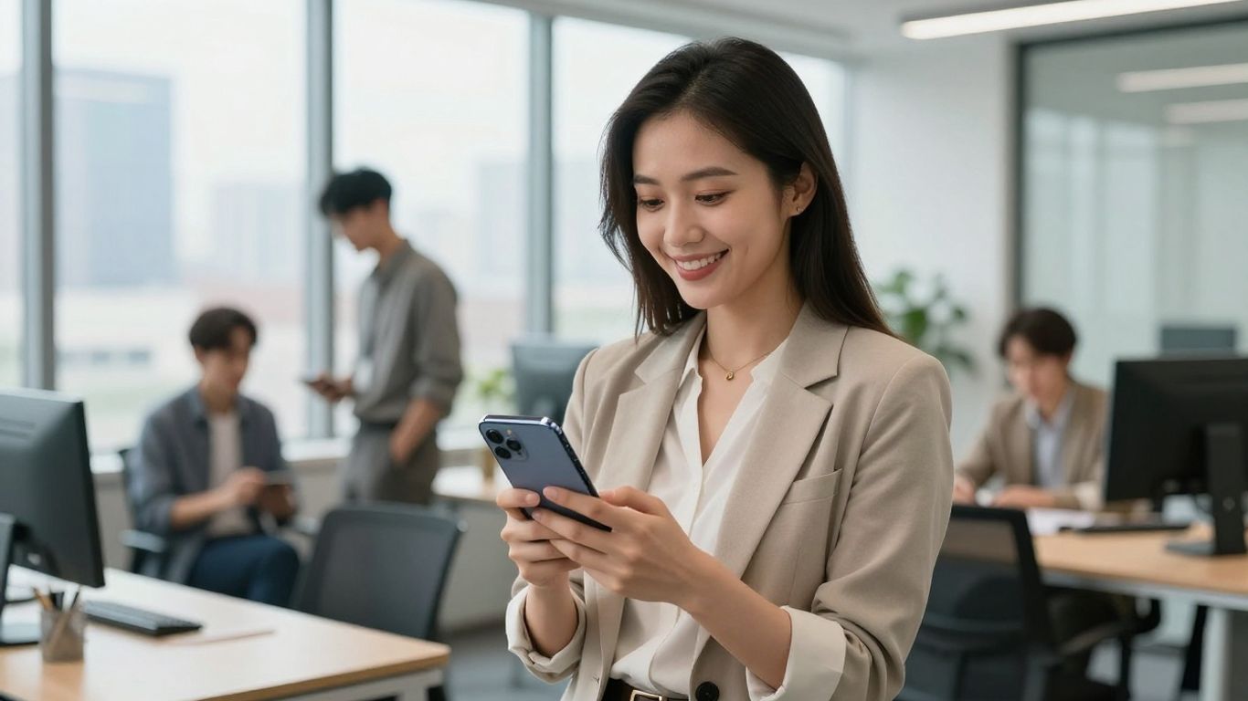 Professional woman using a smartphone in a modern office.