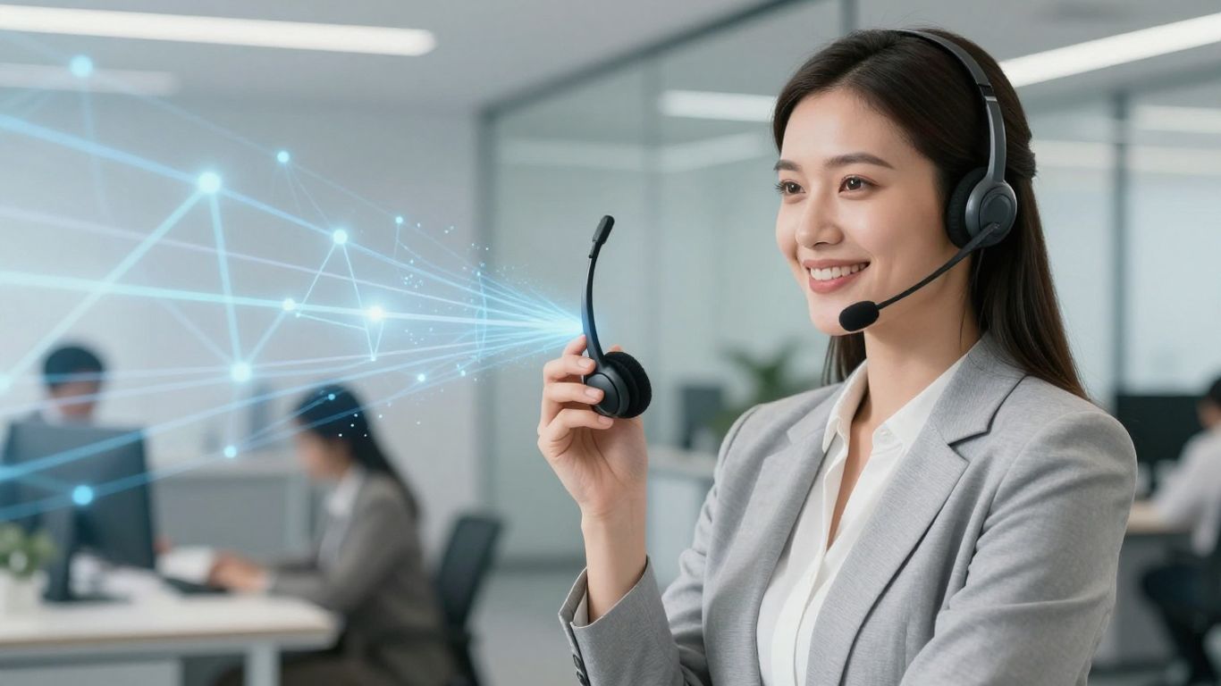 Professional woman with headset, digital lines, modern office.