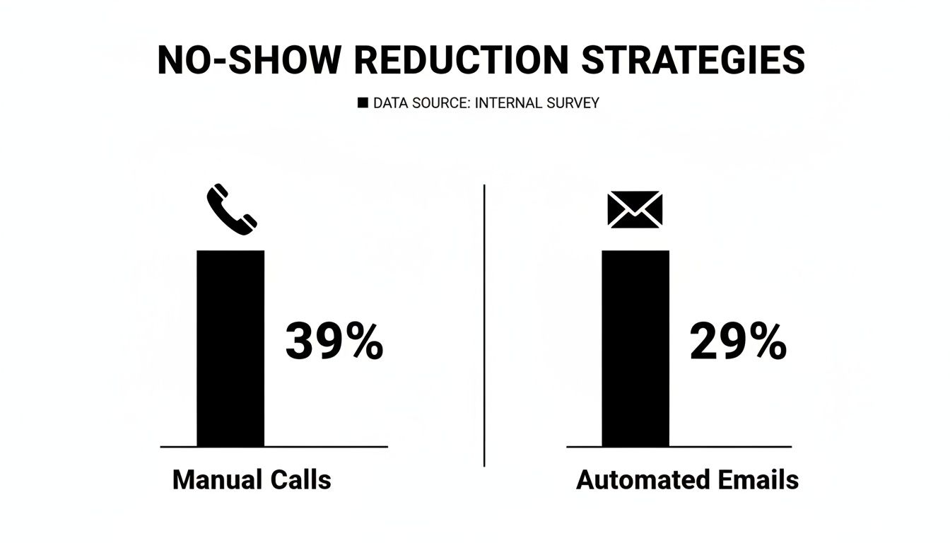 Bar chart showing no-show reduction strategies: manual calls (39%) versus automated emails (29%).