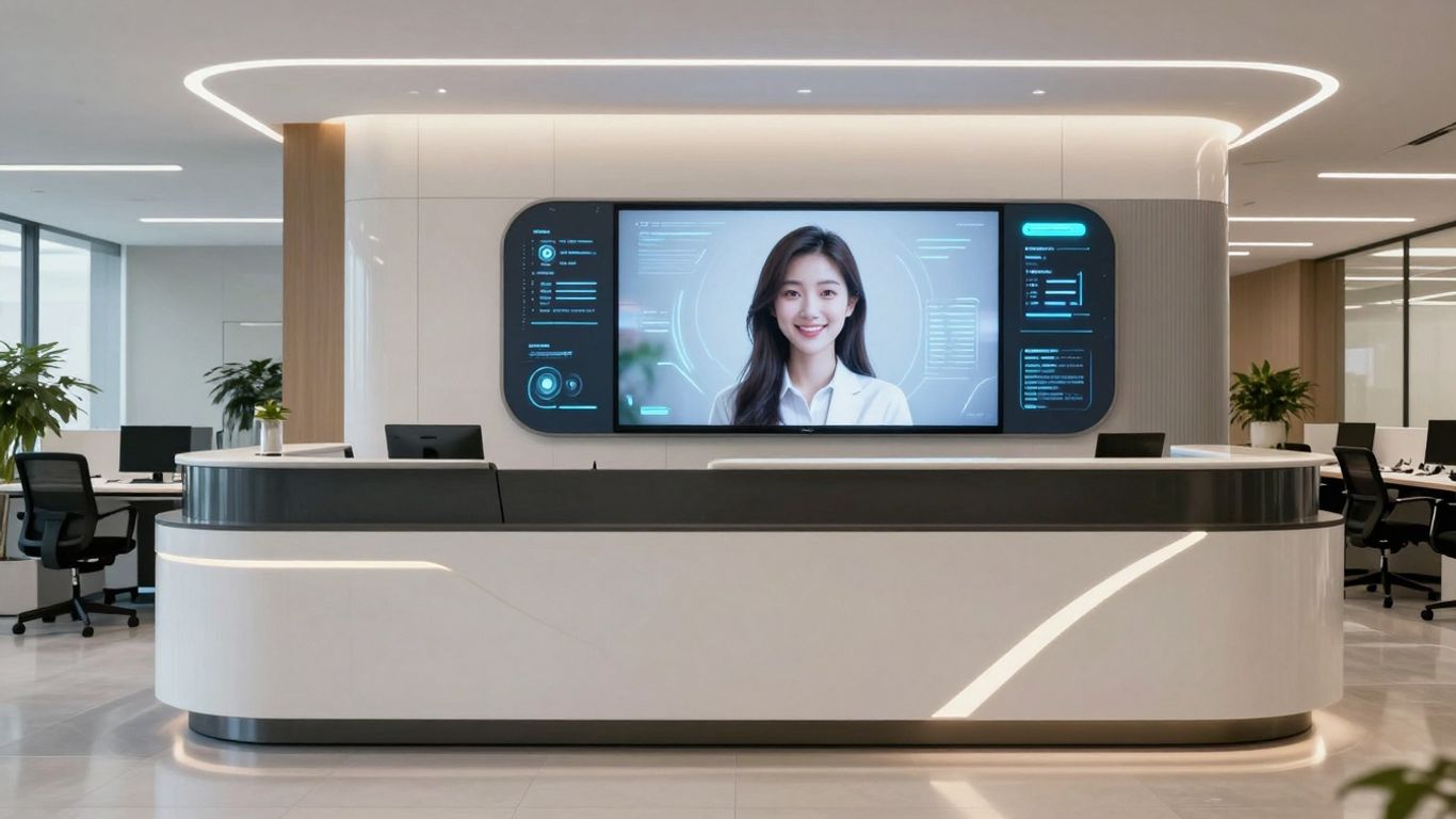 AI receptionist interface in a modern office setting.