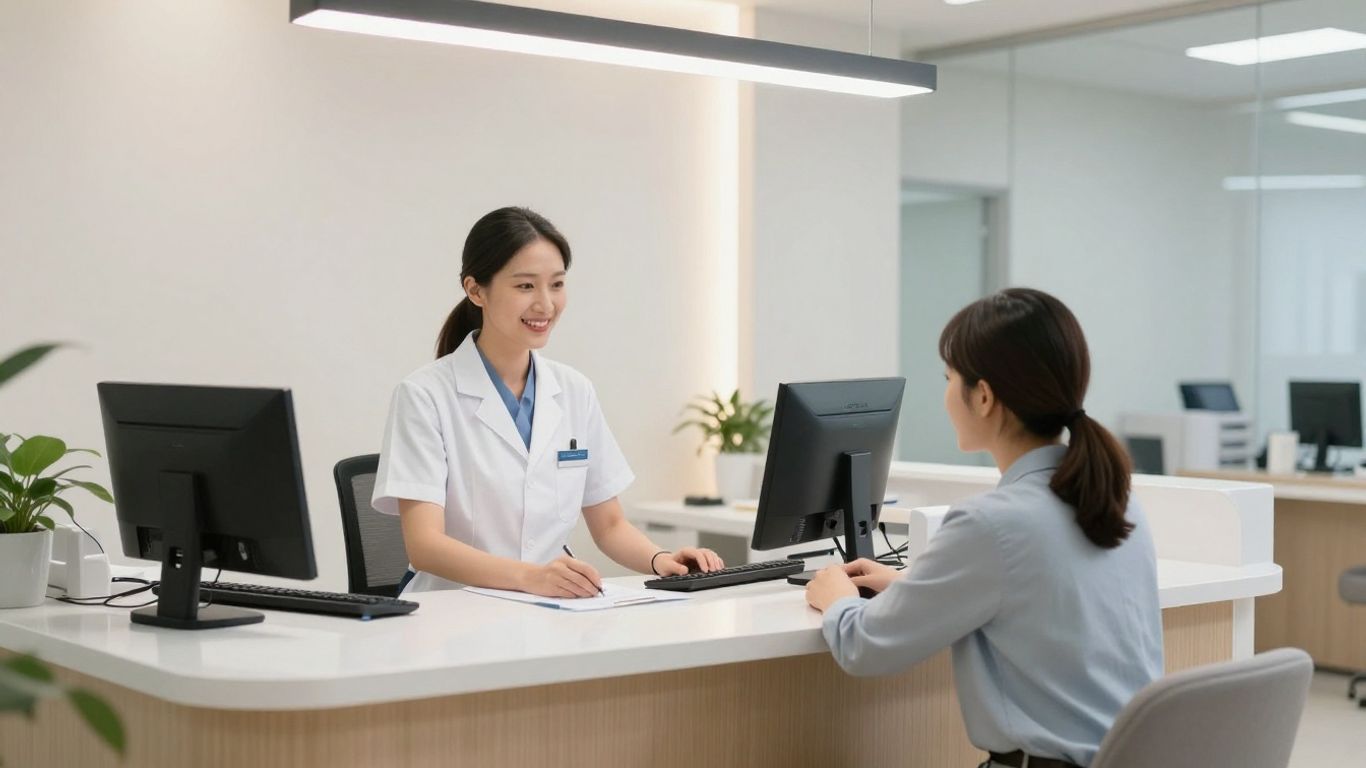 Medical office reception with receptionist and patient.