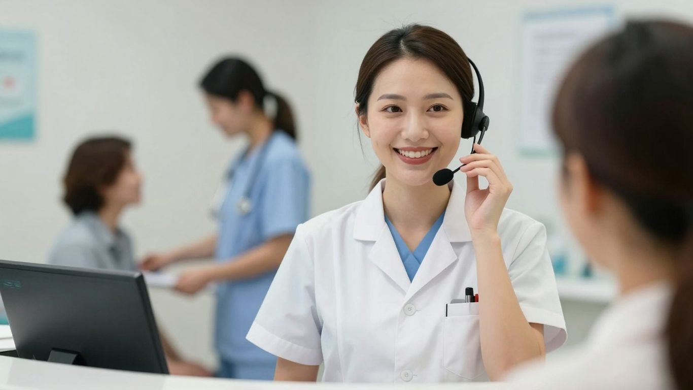 Medical receptionist assisting a patient with a headset.