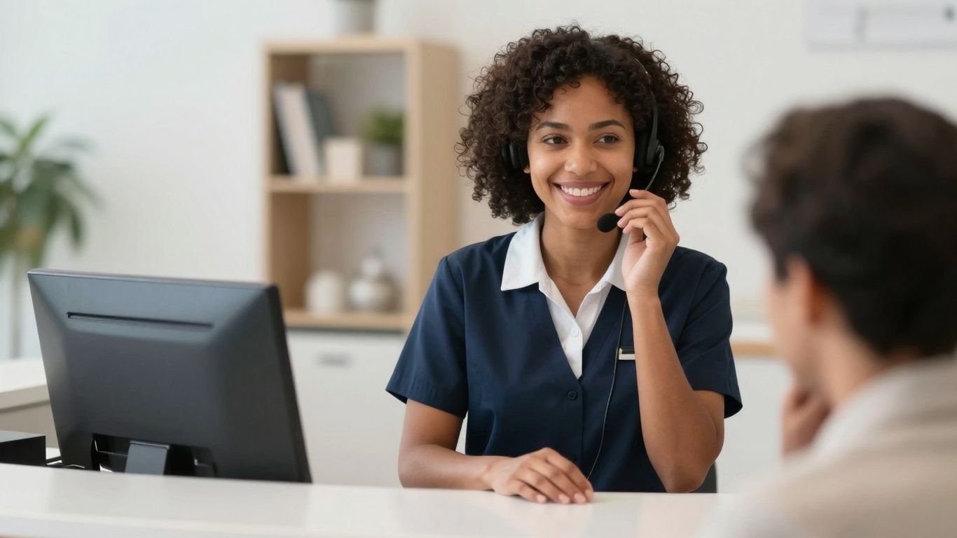 Clinic receptionist assisting a patient with a headset.