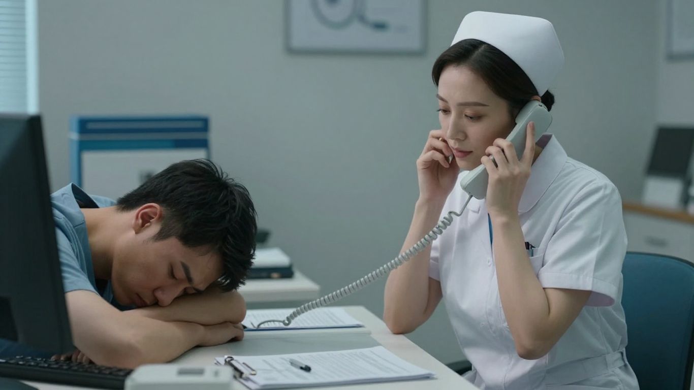 Nurse answering phone, tired doctor resting at desk.