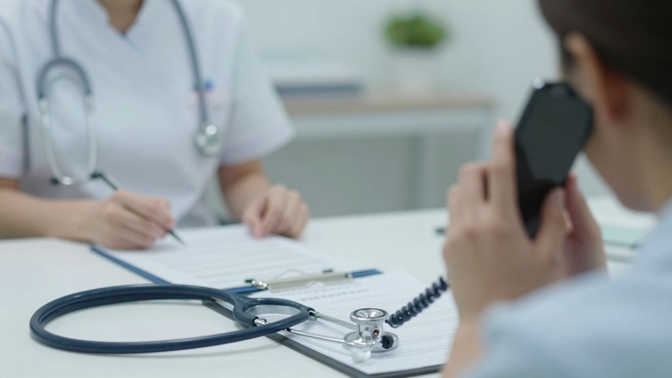 Nurse answering phone in medical office.