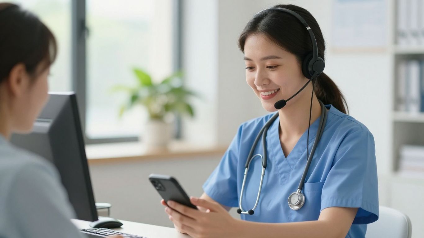 Medical receptionist with headset answering phone in office.