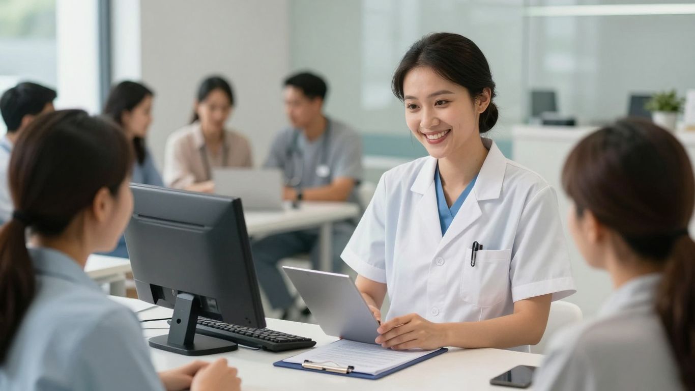 Medical receptionist assisting patients with a smile.