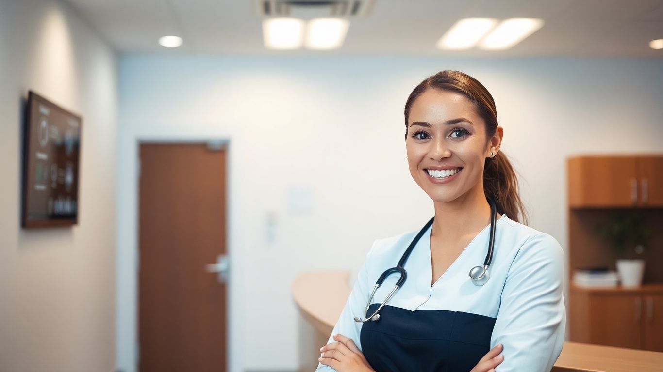 Medical receptionist assisting patient with technology.