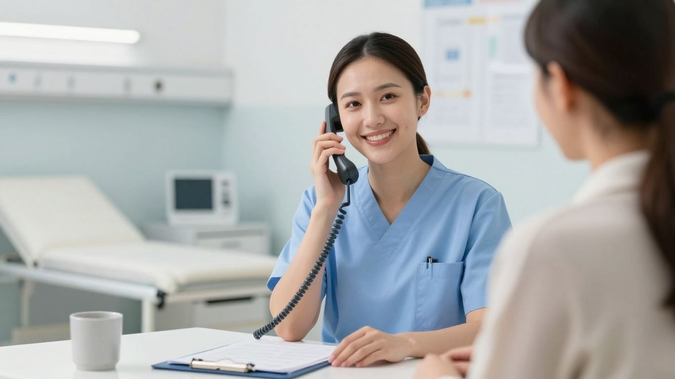 Nurse answering a phone in a medical office.