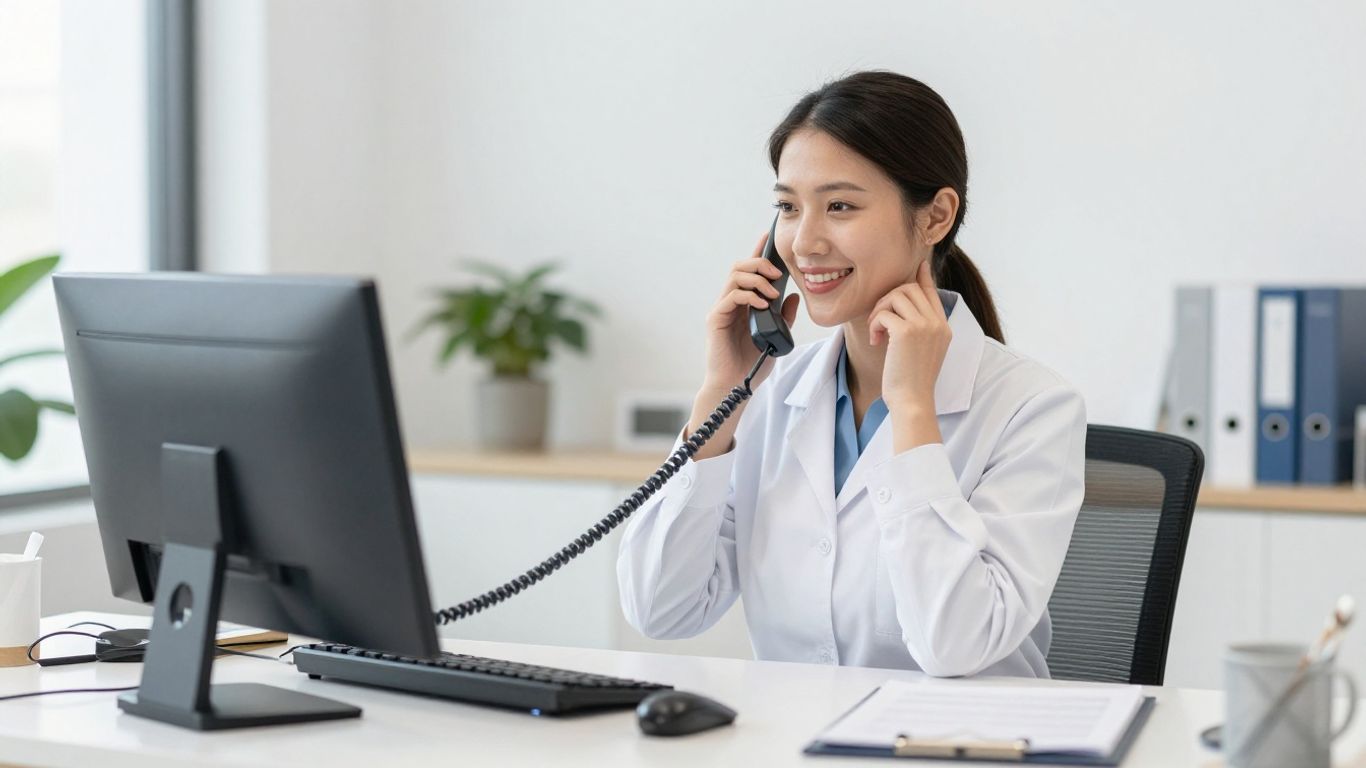 Medical receptionist using phone and computer.