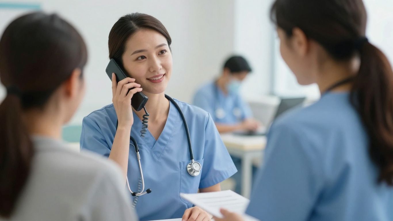 Nurse answering phone, stethoscope, medical office.