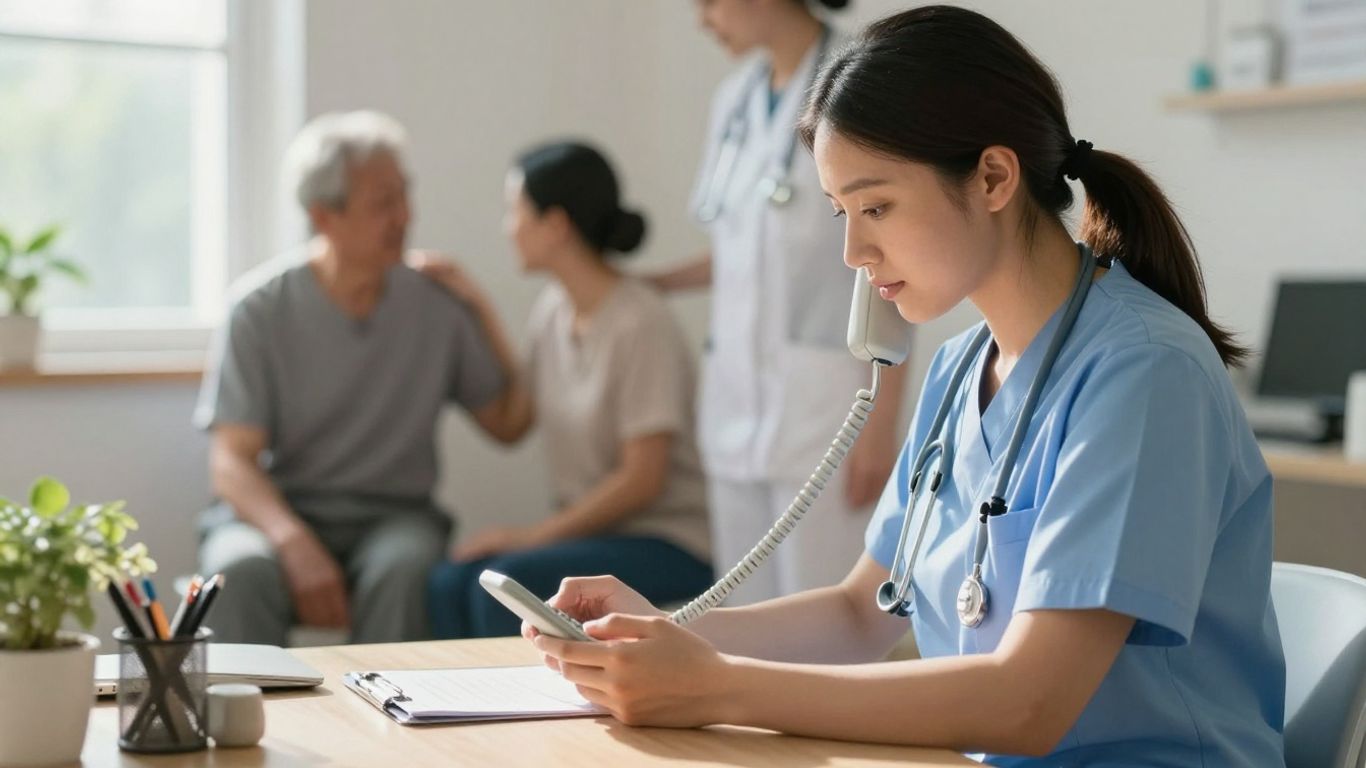 Nurse answering phone, assisting patient