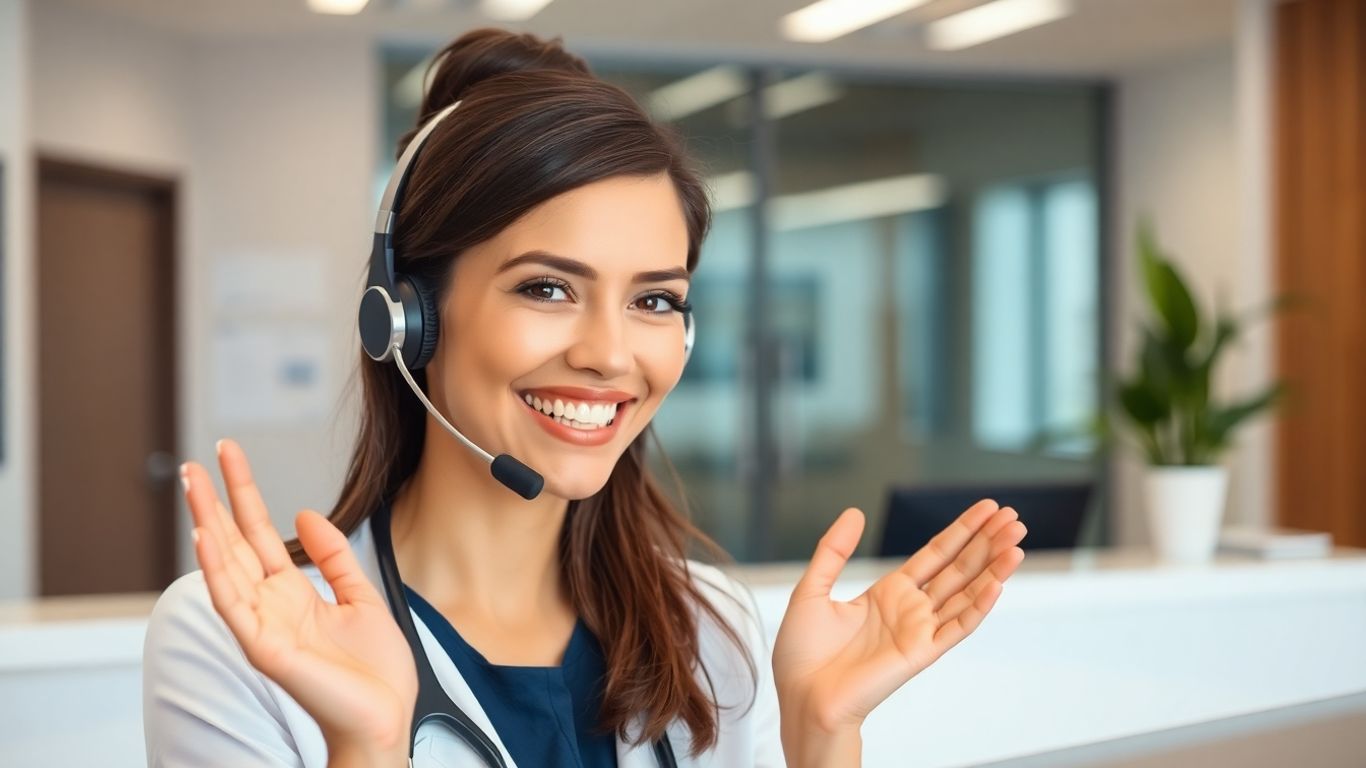 Medical receptionist with headset assisting patient
