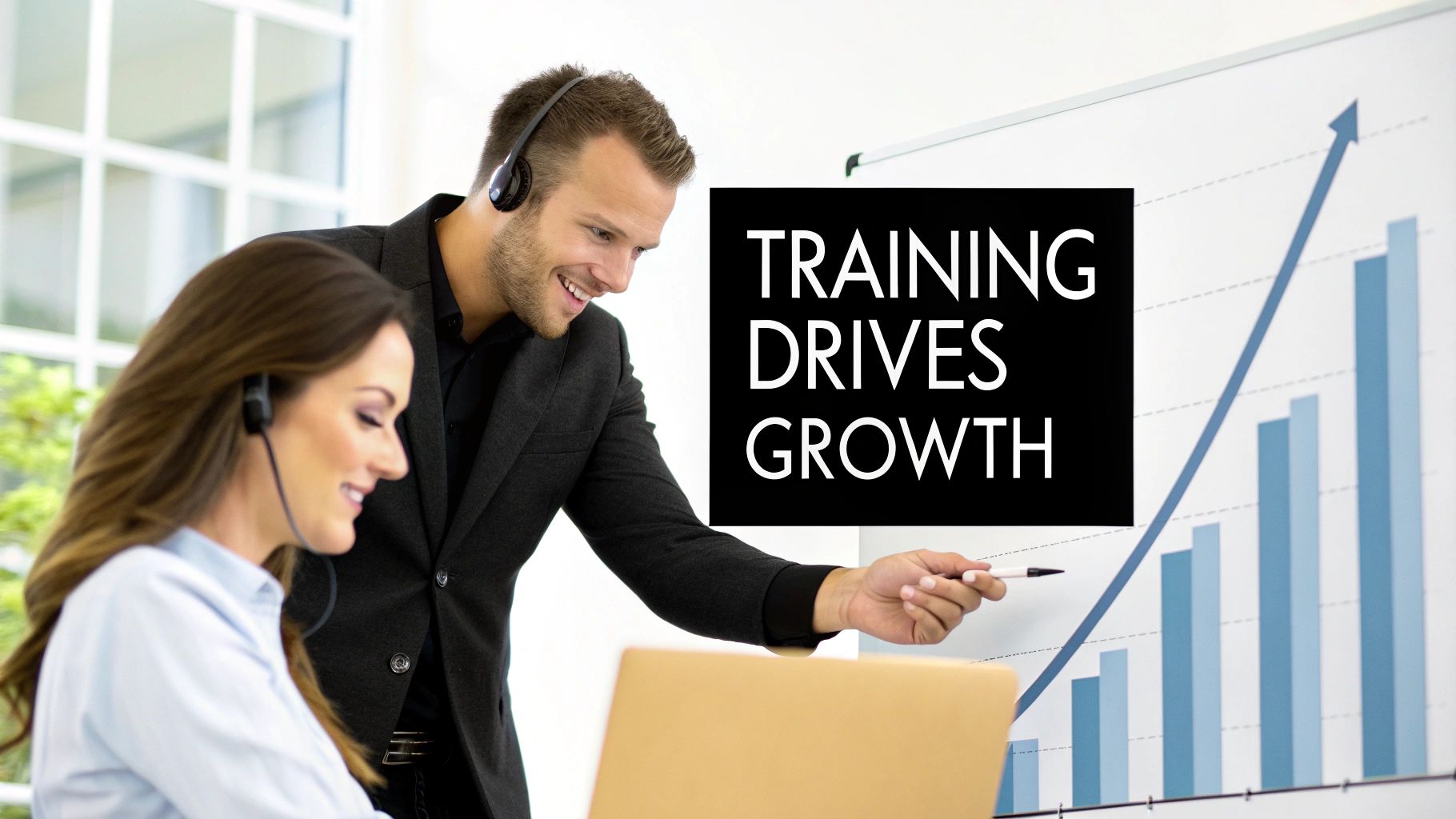 Two smiling customer service representatives with headsets, man pointing at a growth chart and laptop, showing 'Training Drives Growth'.