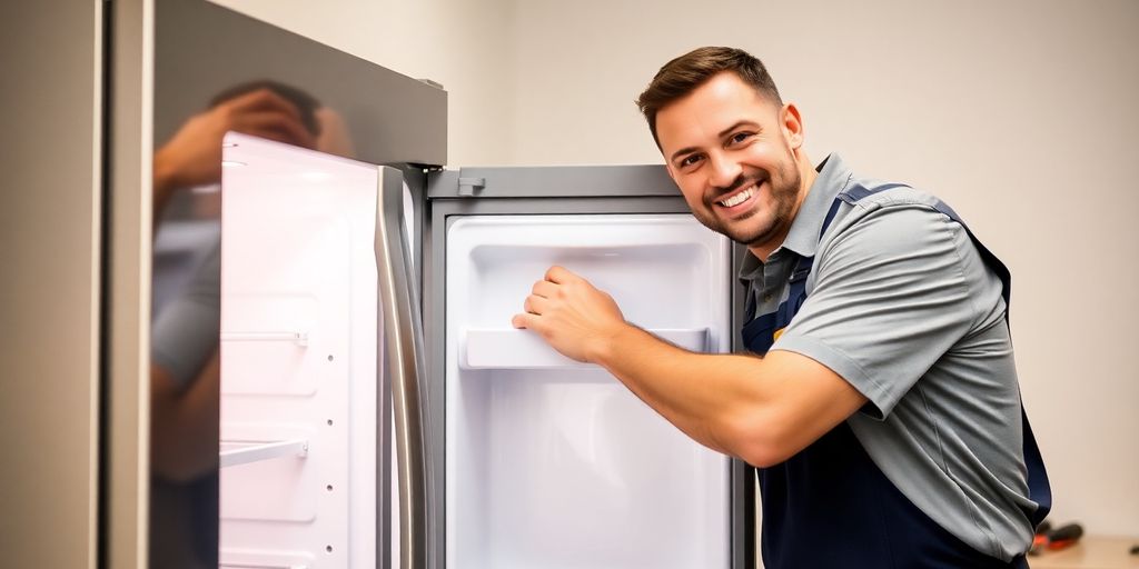 Technician fixing refrigerator, smiling at camera.