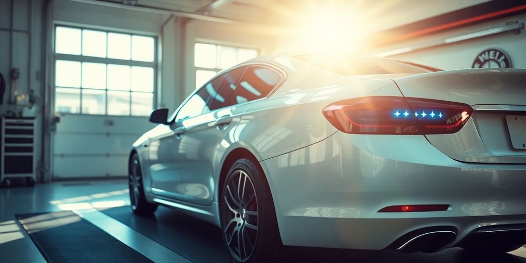 Car gleaming after detailing, AI robot assistant nearby.