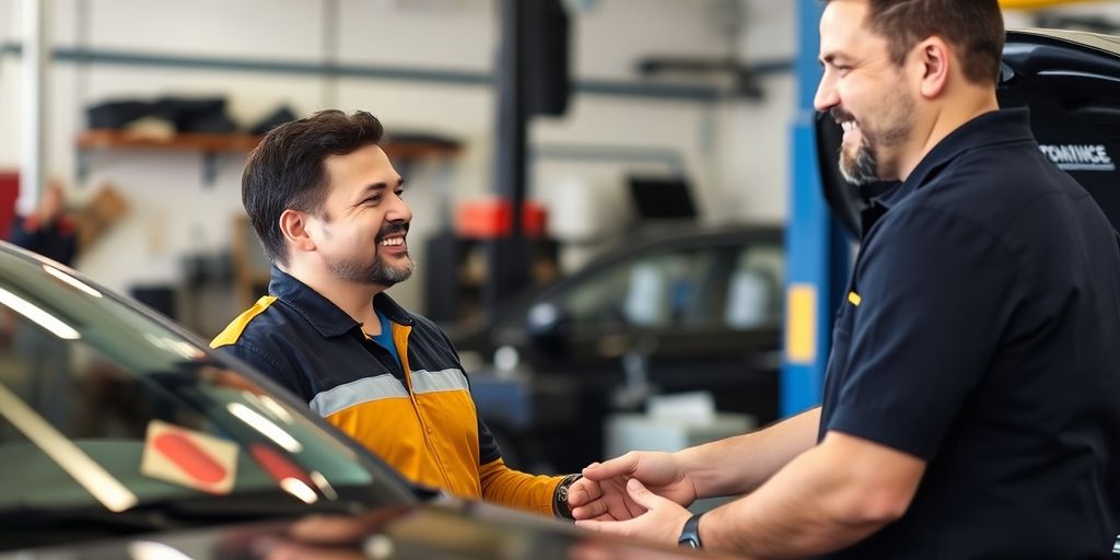 Mechanic smiling with a customer.