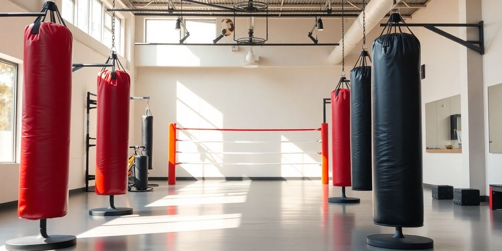Boxing gym interior with modern equipment.