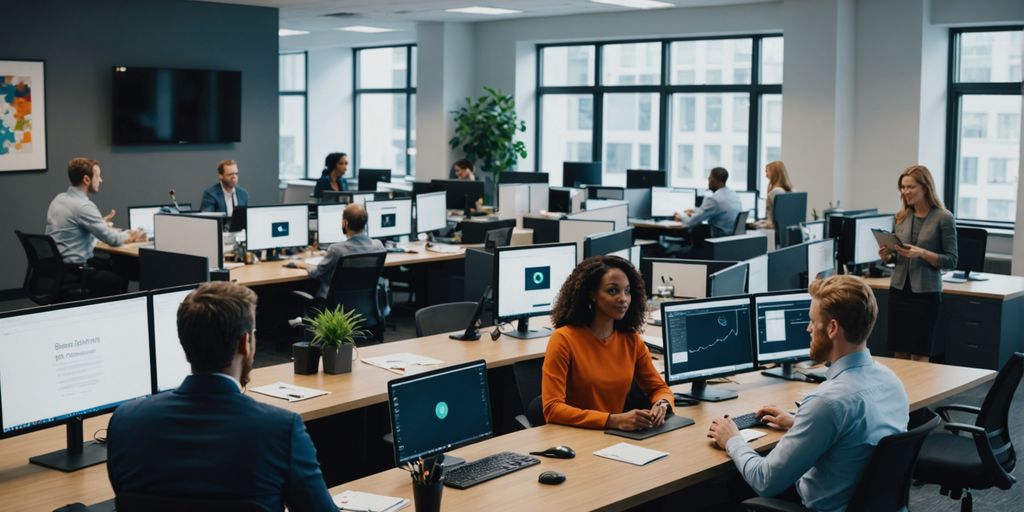 Team collaborating in modern office setting.