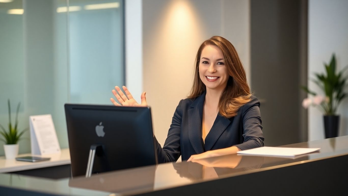 Friendly receptionist at a modern desk welcoming visitors.
