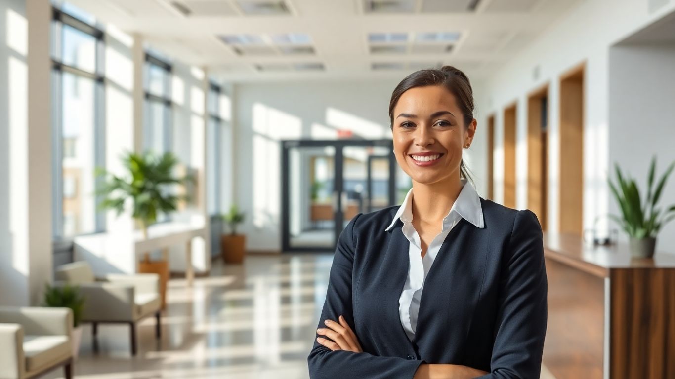 Professional receptionist in a modern office lobby.
