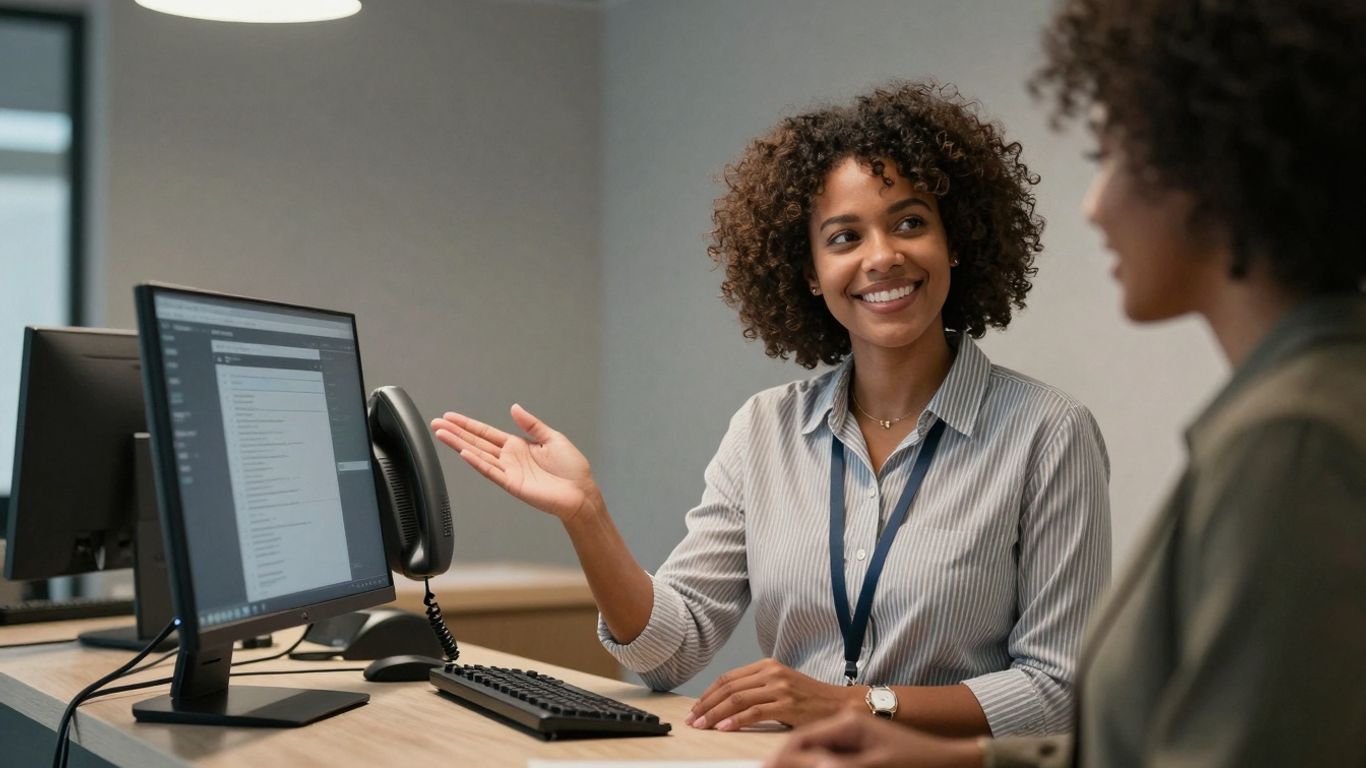 Business receptionist using a virtual phone system.