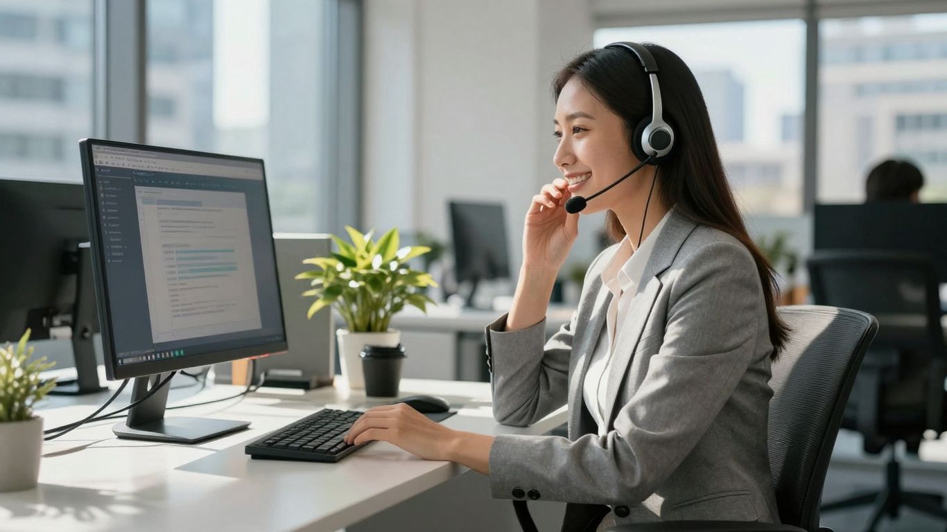 Professional woman using headset in modern office.