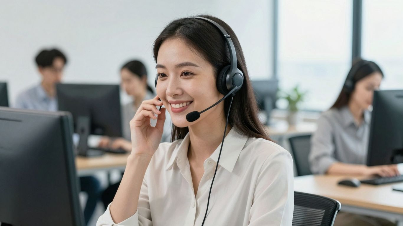 Professional woman with headset in modern office.