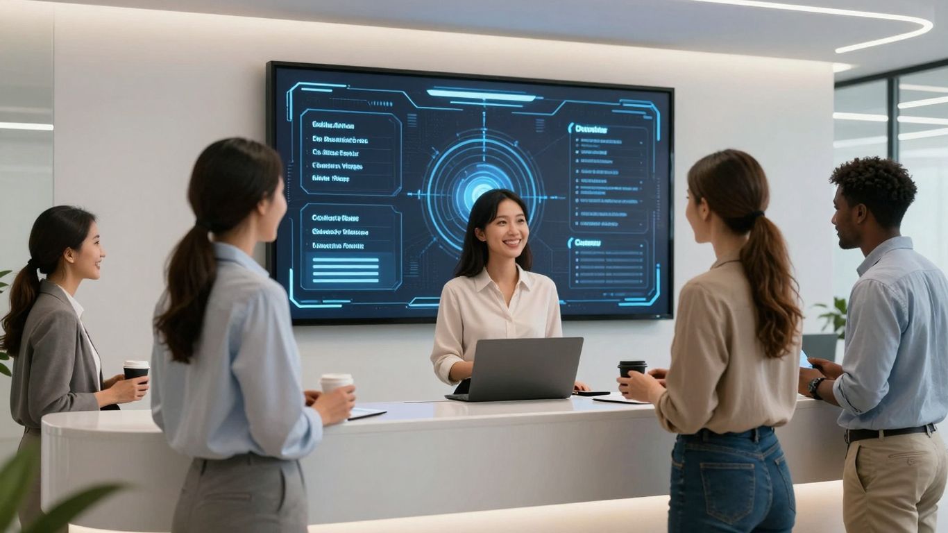 AI receptionist assisting diverse customers in a modern office.