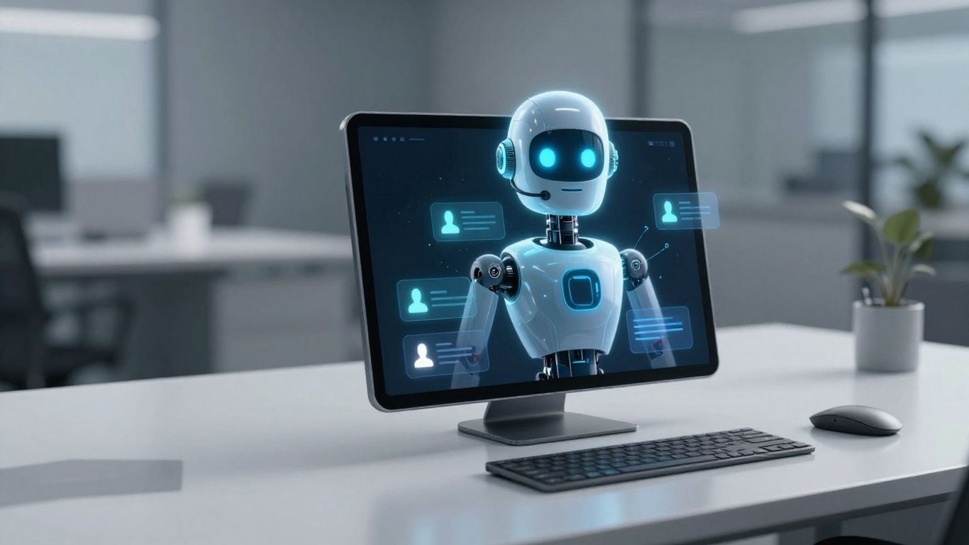 AI chatbot interface on a desk with a robot head icon.