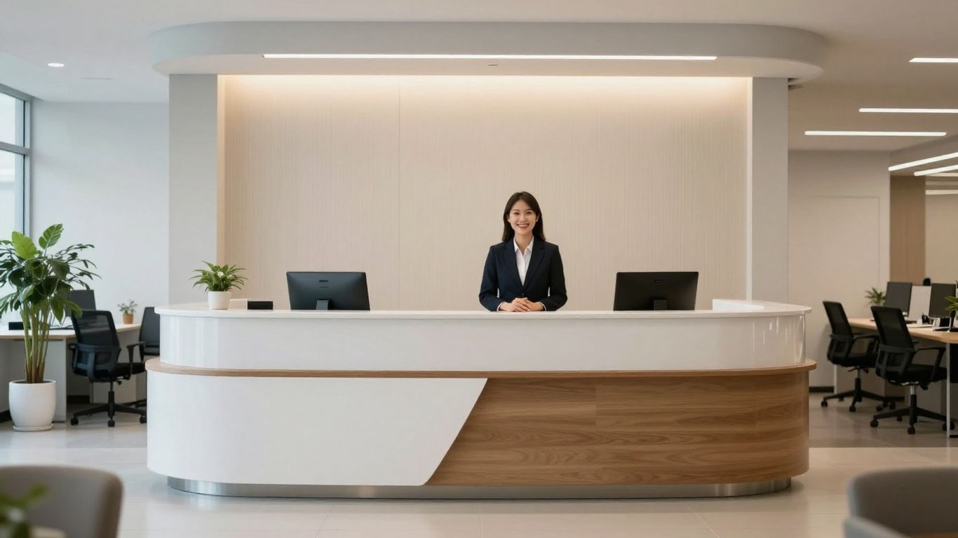 Professional receptionist in a modern office greeting visitors.