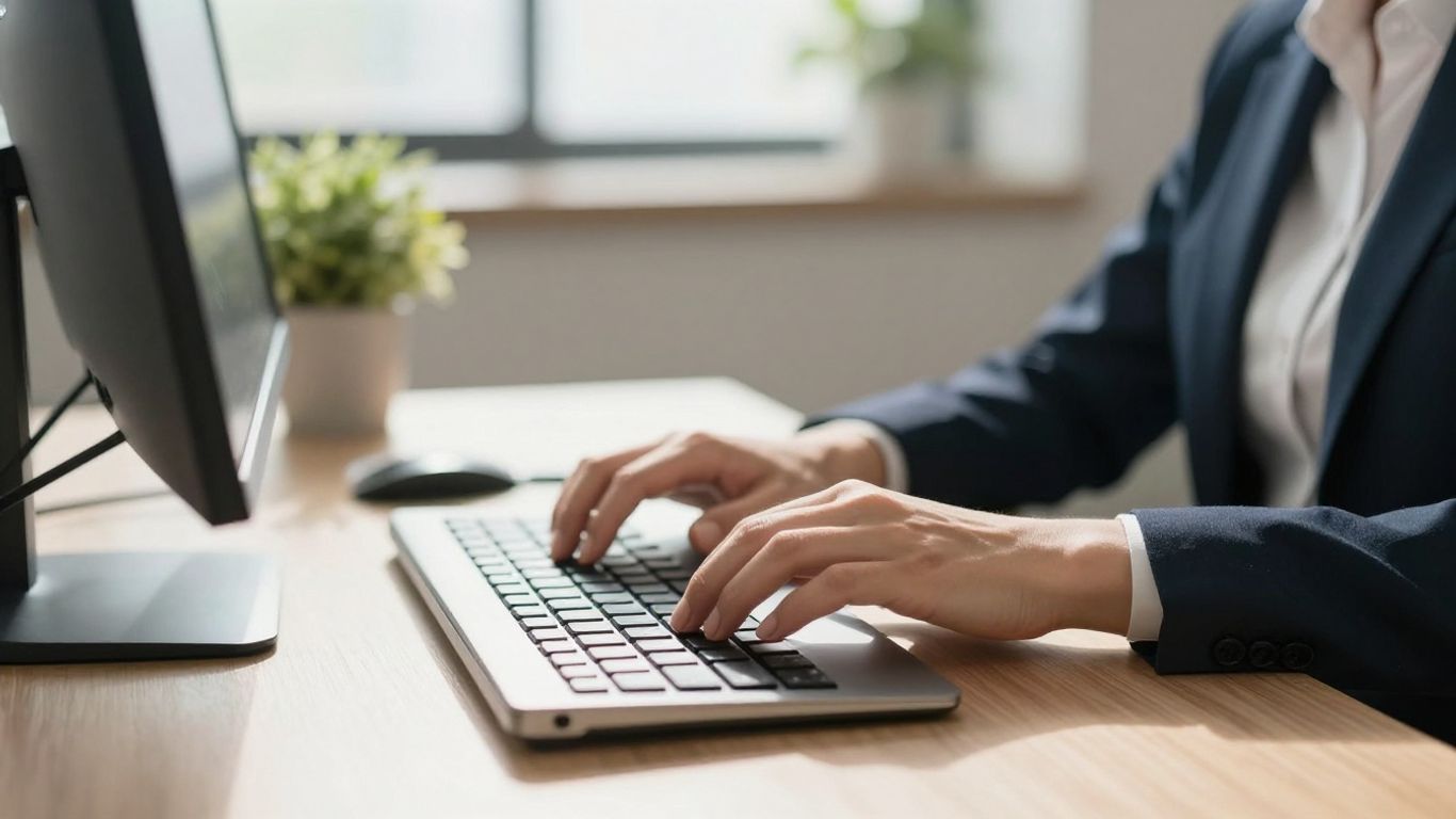 Receptionist typing on a keyboard in a modern office.