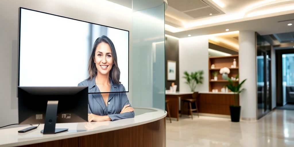 Cosmetic clinic reception with a smiling virtual assistant.