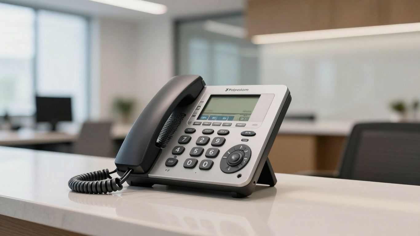 Polycom receptionist phone on an office desk.