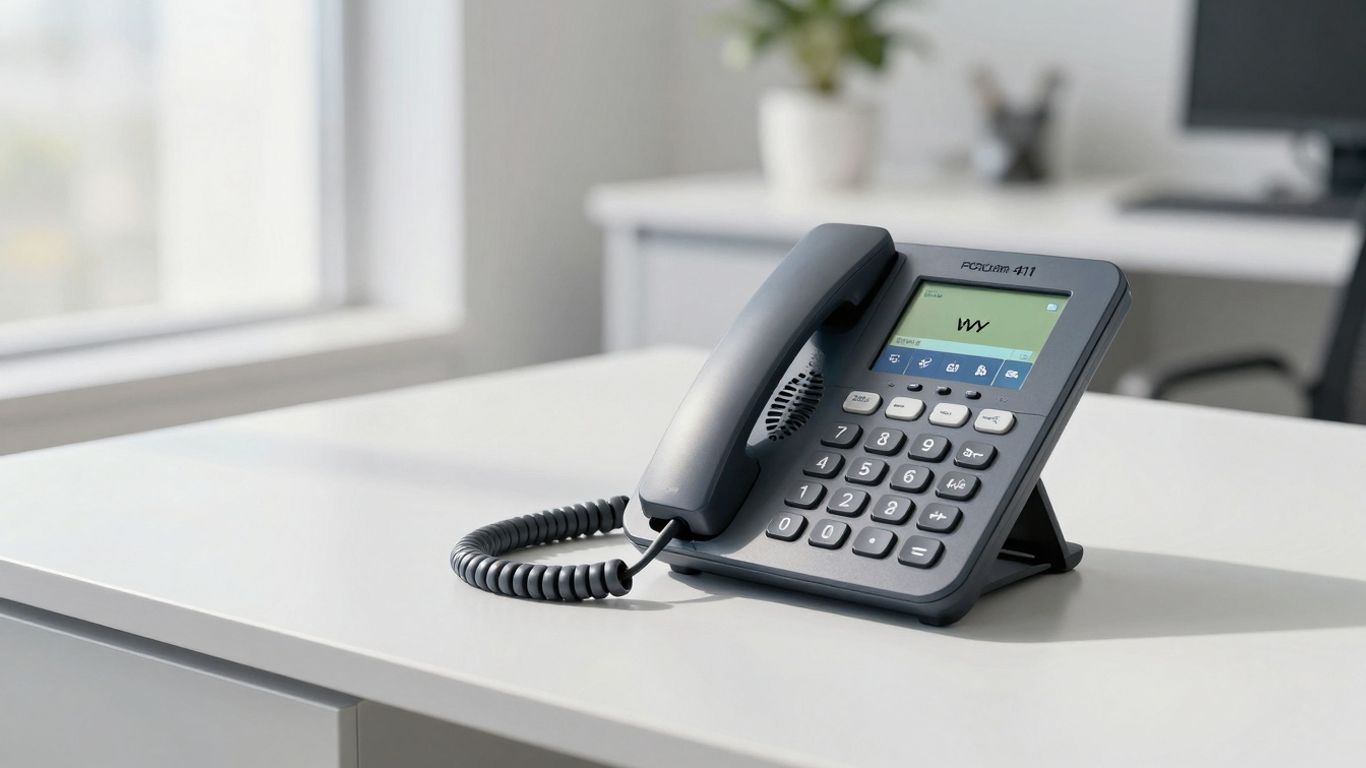 Polycom receptionist phone on an office desk.
