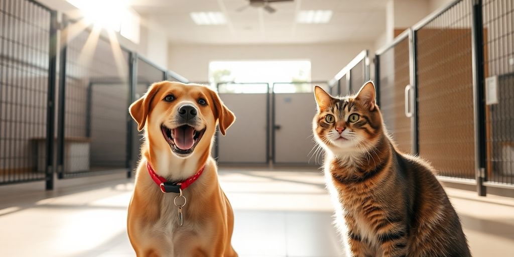 Happy dog and cat near a modern kennel.