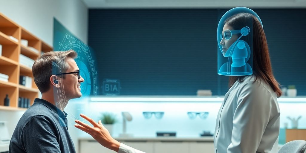 Optometrist office with friendly AI receptionist helping patient.
