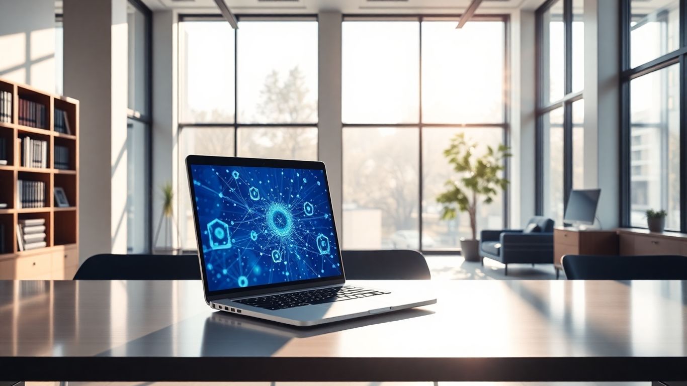 Law office with digital connections on a laptop screen.