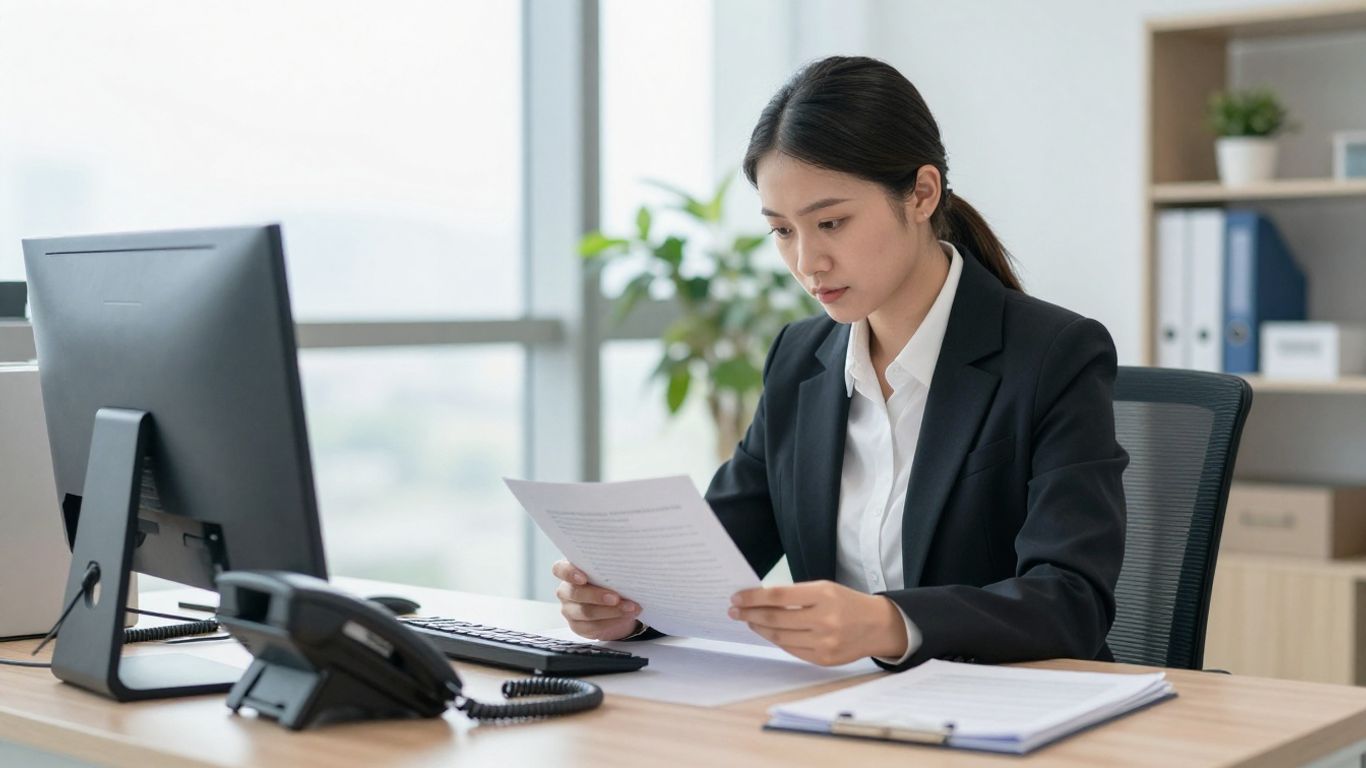 Law firm office with telephone, attorney at desk.