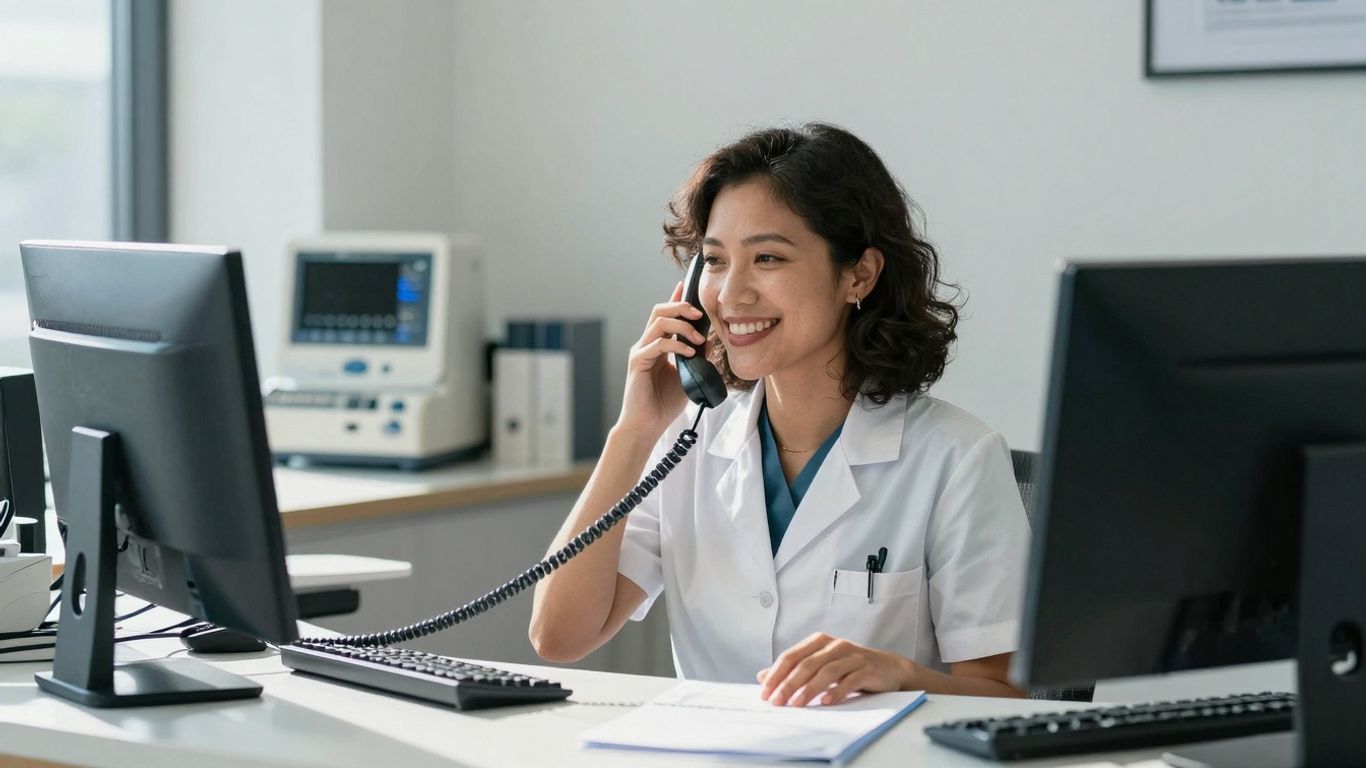 Medical receptionist answering a phone call in an office.